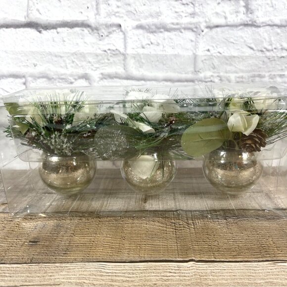White Flower Rose Pine Mercury Glass Ornament Vases Winter Holiday 3 Pc Set NEW - Picture 8 of 11